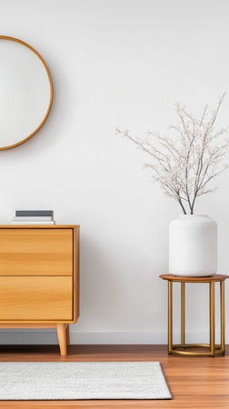 A welcoming living room showcases a wooden dresser a round mirror and a white vase with dried flowers creating a serene atmosphere. The wooden floor enhances the cozy vibe.の素材