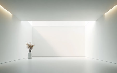 A spacious minimalist room showcases a white wall and smooth floor illuminated by natural light. A simple vase with dried branches adds a touch of elegance to the serene atmosphere.の素材