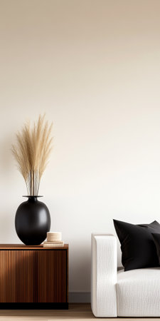 A stylish living room features a sleek white sofa and a wooden table. A black vase holds tall dried plants adding an elegant touch to the minimalist setting.の素材