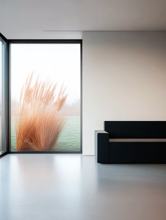 A minimalist living room features a sleek black sofa facing a large window. Outside tall ornamental grass sways gently in the breeze blending nature with contemporary design.の素材