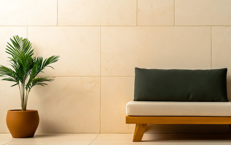 A stylish indoor space showcases a green plant in a terracotta pot next to a minimalist couch with a dark cushion against a light stone wall. The environment exudes calm and simplicity.の素材