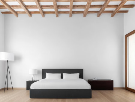 Spacious bedroom features a simple bed with white bedding modern lamps and a wooden ceiling. The room is well-lit creating a calm and inviting atmosphere perfect for relaxation.の素材