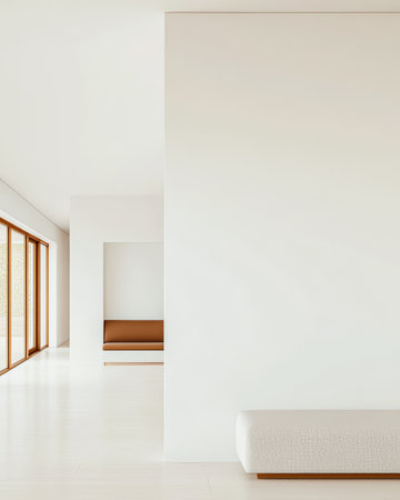 This bright living area showcases minimalist architecture with large windows open space and neutral tones. The simplicity highlights the elegance of contemporary design in this serene environment.の素材