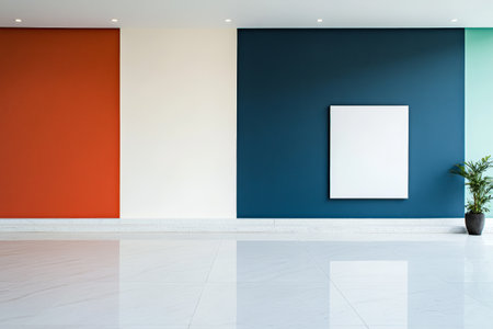 A spacious room features a vibrant orange wall a deep blue wall and a light green accent.の素材