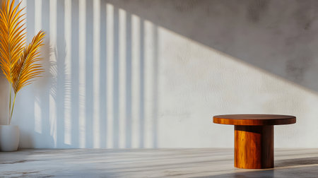 A minimalist interior showcases a round wooden table and a palm plant in a bright space. Sunlight filters through slatted windows creating patterned shadows on the wall.の素材
