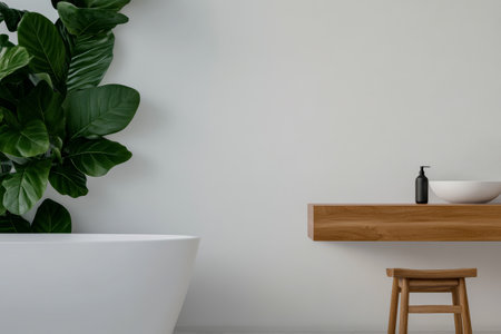 A minimalist bathroom showcases a freestanding bathtub beside a wooden vanity. A potted plant adds a touch of nature while a bowl and bottle complete the aesthetic in a calm environment.の素材