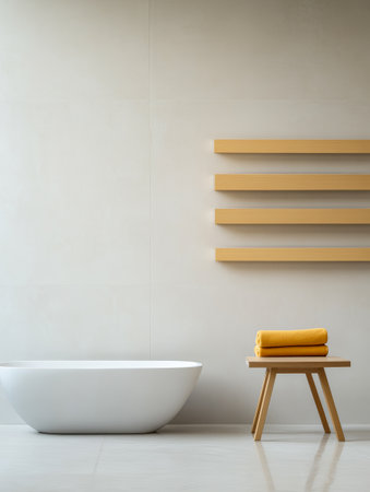 A stylish bathroom features a freestanding white tub alongside a wooden stool holding neatly folded yellow towels. The neutral walls and warm shelf create a serene atmosphere.の素材