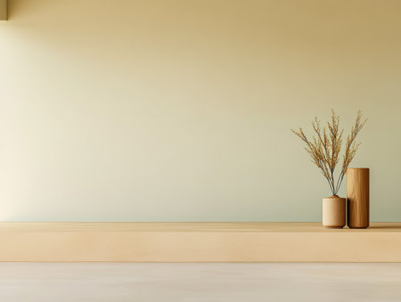 In a bright and serene room two elegantly designed vases one round and one tall hold delicate dried flowers on a simple wooden shelf. Soft wall colors enhance the tranquil atmosphere.の素材