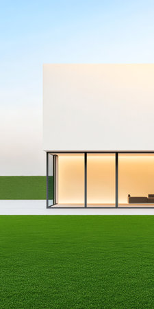A minimalist house showcases a sleek design with large glass windows and a spacious green lawn. The soft light of sunset reflects off the clean lines and simple aesthetic of the structure.の素材