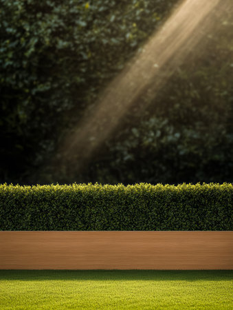 A gentle beam of sunlight breaks through a lush hedge illuminating the vibrant green grass below. The tranquil atmosphere invites relaxation and appreciation of nature's beauty.の素材