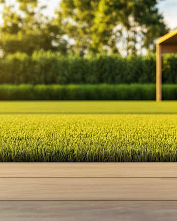 Freshly cut grass shines brightly under the warm sunlight beside a wooden deck. Trees provide a lush green backdrop enhancing the peaceful afternoon atmosphere.の素材