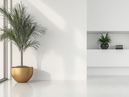 A bright and airy living space is showcased with sleek white walls and shiny flooring. Potted plants add a touch of greenery enhancing the minimalist decor that emphasizes simplicity.の素材