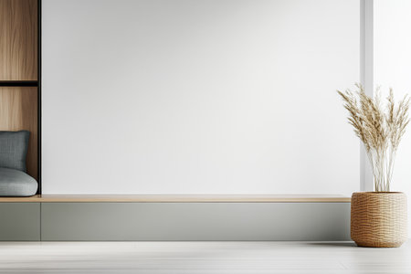A modern interior showcases minimalist decor with a natural grass arrangement in a textured basket. The clean lines and neutral tones create a serene atmosphere ideal for relaxation.の素材