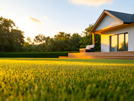 A modern house with large windows stands on a well-maintained green lawn bathed in the warm light of a sunset. The surrounding trees provide a serene backdrop to the scene.の素材