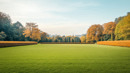A lush green lawn stretches across the park framed by neatly trimmed hedges. Surrounding trees boast vibrant autumn foliage of orange and yellow hues under a clear blue sky in afternoon light.の素材