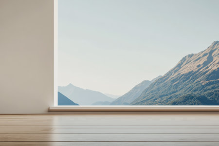 Bright and airy interior featuring a spacious room with large windows. Outside majestic mountains and a clear sky create a serene landscape. The wooden floor adds warmth to the space.の素材