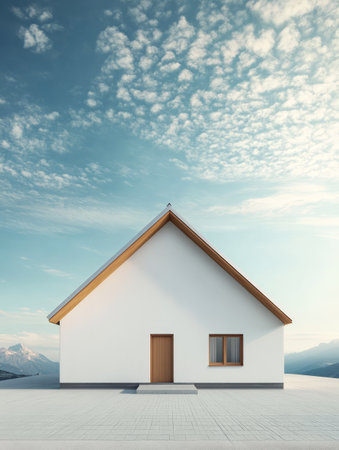 A contemporary white house features a sloped roof and wooden accents set against a vast sky filled with clouds. The peaceful landscape highlights the simplicity of the architecture.の素材