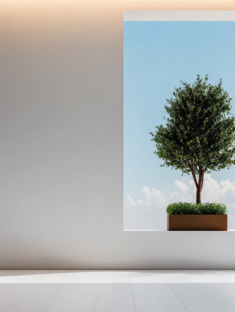 A contemporary interior space features a large window showcasing a tree and greenery against a bright blue sky. The design emphasizes natural light and open spaces.の素材
