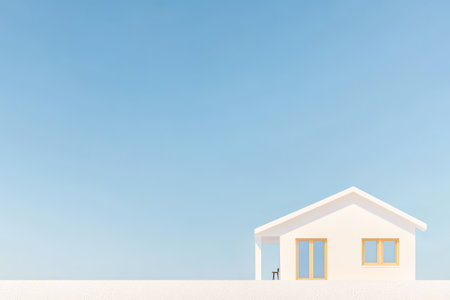 A minimalist white house sits against a bright blue sky on a sunny day. The structure features clean lines large windows and a small porch offering a serene and modern atmosphere.の素材