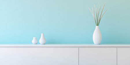 Bright and airy room featuring minimalist decor highlighting white vases placed on a sleek white surface with a calming light blue wall in the background creating a serene atmosphere.の素材