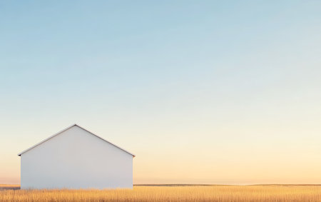 A simple white house is situated in a wide golden field illuminated by the warm glow of sunset. The sky transitions from blue to soft orange hues creating a peaceful atmosphere.の素材