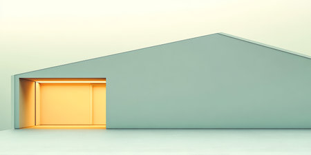 An innovative building features a sleek angular design with a prominent yellow interior light illuminating the entrance. The clean lines and soft colors create a serene atmosphere.の素材