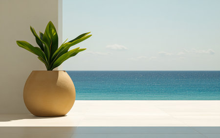 A round beige pot holds a vibrant green plant positioned near a stunning ocean view. Waves gently lap at the shore under a clear blue sky creating a peaceful atmosphere.の素材
