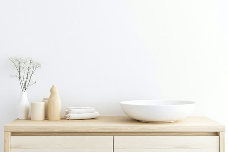 A minimalist bathroom countertop features a white basin neatly stacked towels and decorative elements including a wooden figure and a vase with flowers. The soft color scheme enhances tranquility.の素材