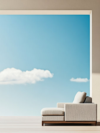 A minimalist living room features a light-colored sofa positioned near a large window. The view showcases clear blue skies with fluffy clouds providing a tranquil setting.の素材