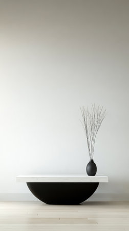 A stylish minimalist room features a sleek black and white table topped with a simple vase holding dry twigs. The neutral wall emphasizes the design's elegance and tranquility.の素材