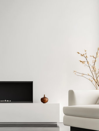 A spacious living room showcases minimalist design with a light palette. A simple white sofa wooden vase and a decorative branch add a touch of elegance to the serene environment.の素材