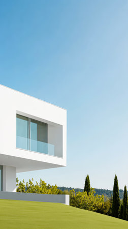 A striking modern building features clean lines and large glass windows overlooking a lush green landscape against a vibrant blue sky. The minimalist design enhances the natural beauty.の素材