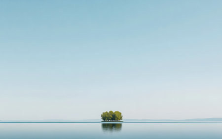 A tranquil vista showcases a small group of trees standing alone in the water surrounded by soft reflections. The clear sky enhances the peaceful atmosphere during the late afternoon.の素材