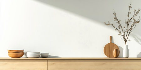 A stylish kitchen countertop features an assortment of wooden bowls white dishes and a simple vase with dried flowers against a bright wall creating a serene culinary space.の素材