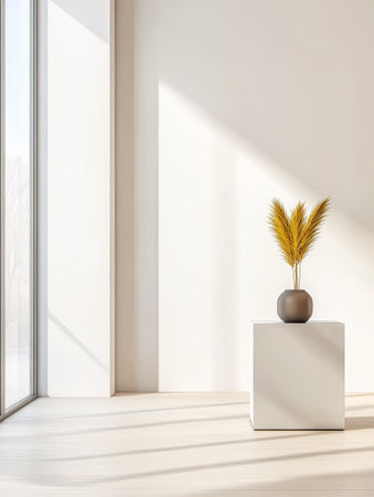 A bright room features a white cube pedestal holding a vase with feathery yellow plants. Sunlight streams through large windows casting soft shadows on the floor.の素材