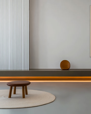 A spacious room showcases a minimalist design with a round wooden table on a textured rug. Soft lighting highlights the elegant lines of the decor and the muted color palette enhances tranquility.の素材