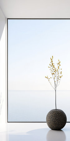 Bright spacious room with a single decorative plant in a round pot positioned next to a large floor-to-ceiling window. The view reveals a serene ocean and clear sky.の素材