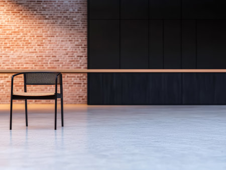 A solitary black chair is positioned in a spacious minimalistic room with a brick wall. Soft lighting creates a serene atmosphere highlighting the chair's design against a polished floor.の素材