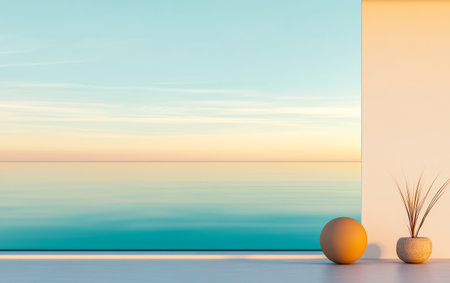 Soft colors blend in the sky as the sun sets over a calm ocean. A minimalistic interior features a decorative vase and a smooth rounded object on a light surface.の素材