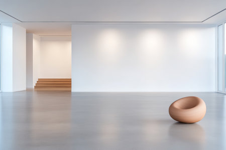 A spacious minimalist interior showcases a single rounded chair on polished concrete flooring. Sunlight filters through large windows enhancing the simplicity of the environment.の素材