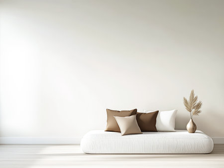 A cozy living room showcases a low white couch adorned with neutral pillows. A delicate vase with dried plants adds a touch of nature. Soft sunlight illuminates the serene atmosphere.の素材