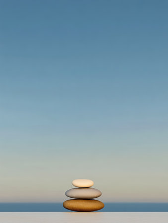 Four smooth stones are carefully stacked on a flat surface set against a calm sky with soft gradient colors. The scene conveys tranquility and balance inviting meditation.の素材