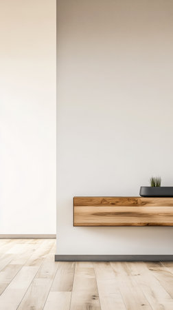 A spacious room with a minimalistic design showcases a wall-mounted wooden shelf and a sleek decorative plant. Warm wooden flooring complements the neutral wall colors.の素材