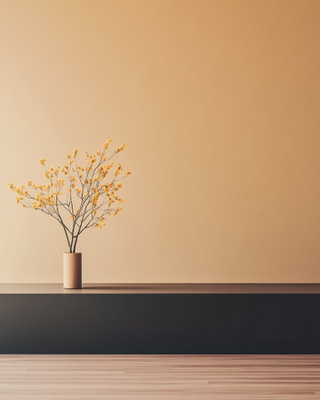 A simple yet elegant branch with yellow blossoms is placed in a neutral vase complementing a minimalist interior. The soft beige wall and dark surface create a harmonious atmosphere.の素材