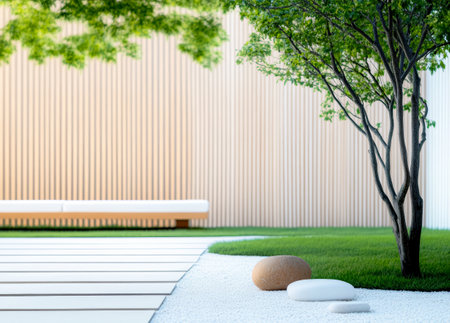 This serene garden features a modern design with a neatly lined stone path a lush green lawn and carefully placed pebbles. A solitary tree adds tranquility to the minimalistic environment.の素材
