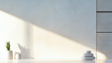 Sunlight casts a soft glow on a minimalist interior featuring a potted plant and smooth stones stacked in a serene arrangement. The clean lines enhance the tranquil atmosphere.の素材