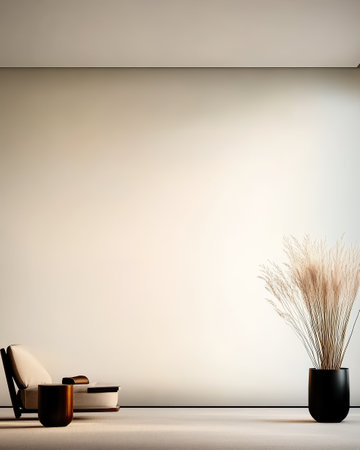 A stylish and minimalist interior showcases a comfortable chair alongside a large black pot containing decorative plants. Soft light enhances the elegant ambiance of the space.の素材