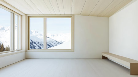 A spacious room with large windows offers a stunning view of snow-capped mountains. The white walls and light wood accents enhance the tranquil minimalist atmosphere perfect for relaxation.の素材