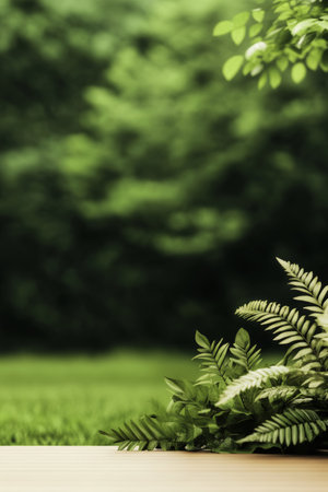 A vibrant display of greenery showcases ferns situated near a soft wooden surface surrounded by a lush nature scene filled with trees and grass during daylight.の素材