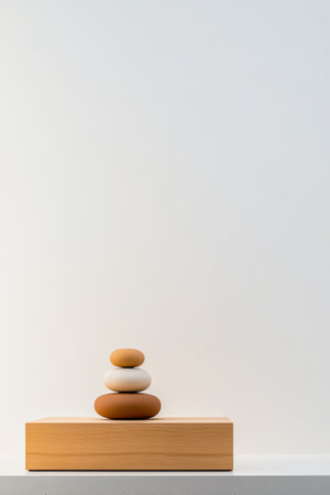 Three smooth stones are carefully stacked on a simple wooden base creating a serene focal point against a plain wall evoking peace and balance in a minimalist space.の素材